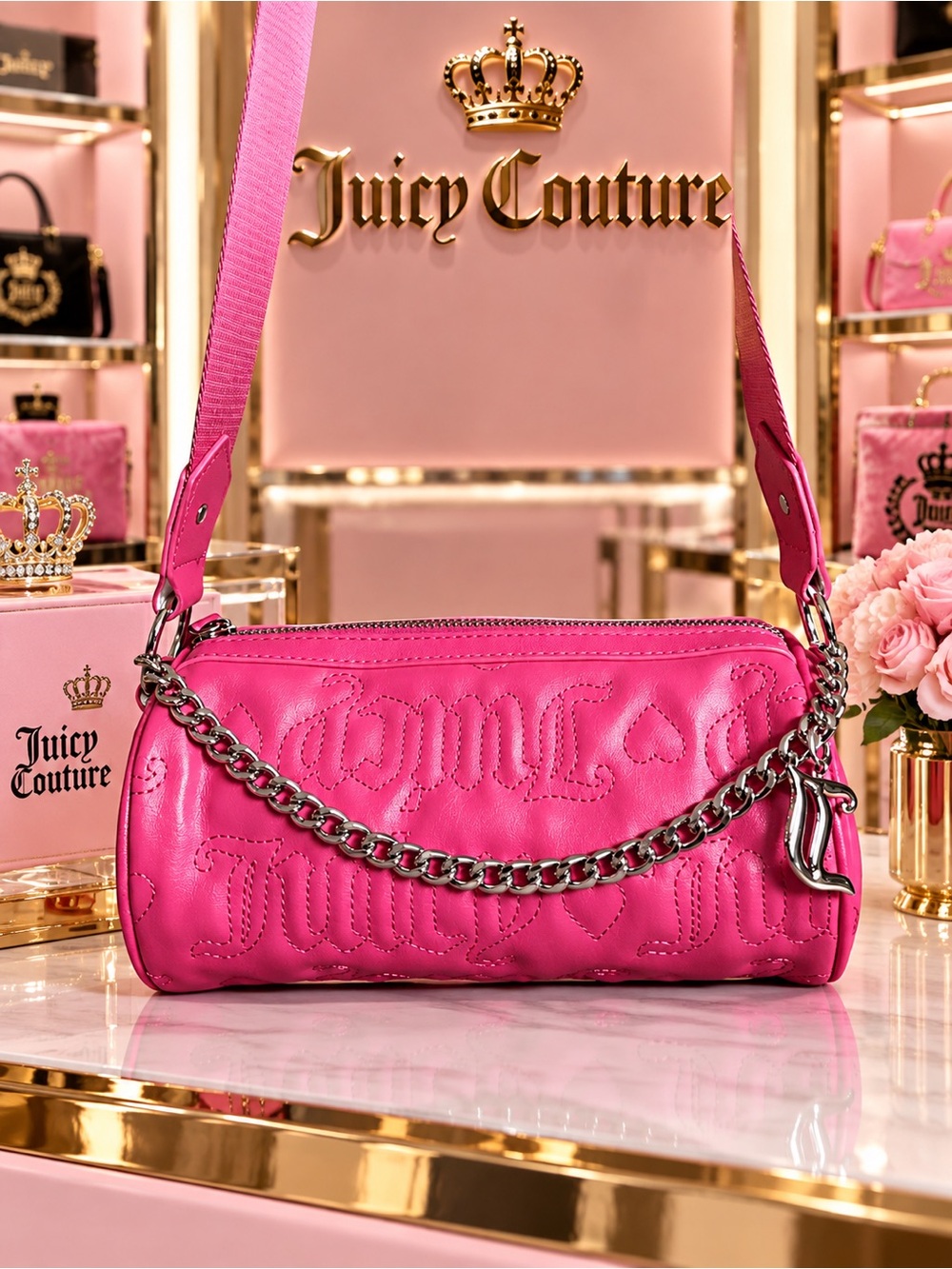 Juicy Couture Bright Pink Quilted Logo Shoulder Bag with Chain